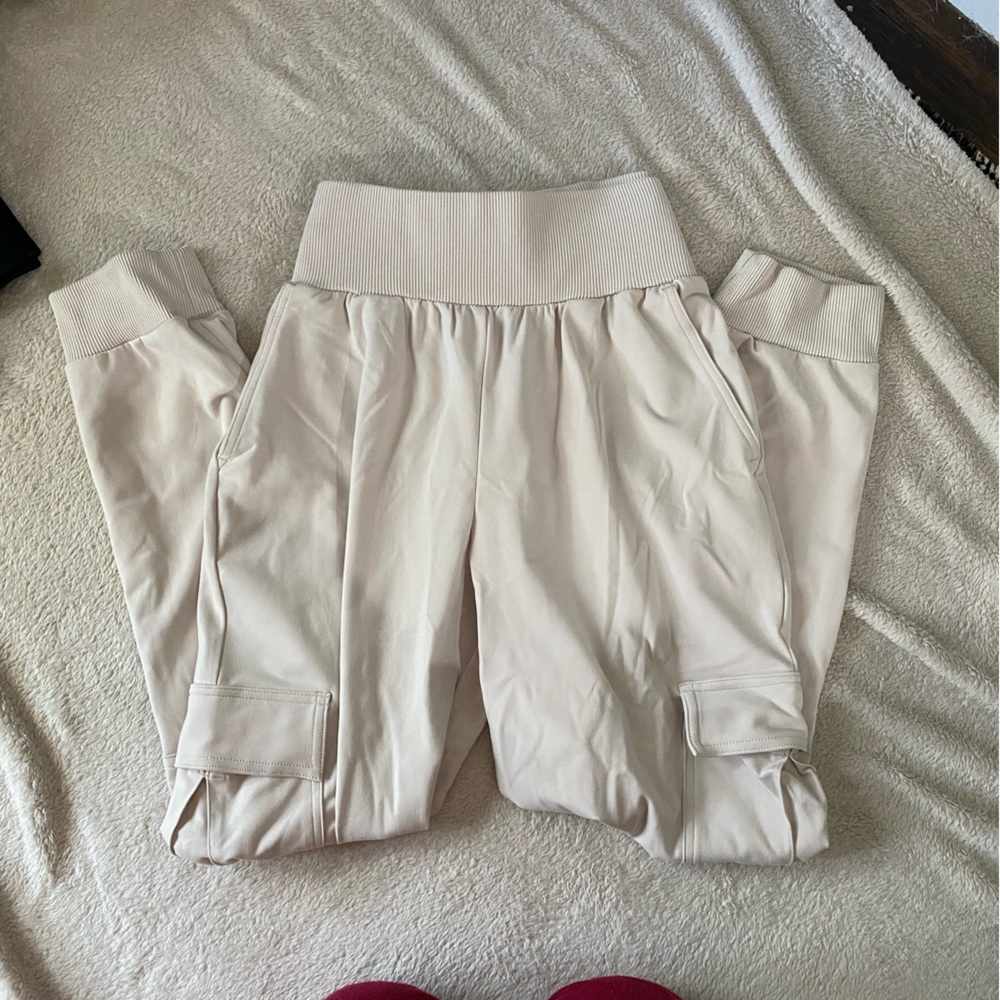 white athletic cargo joggers